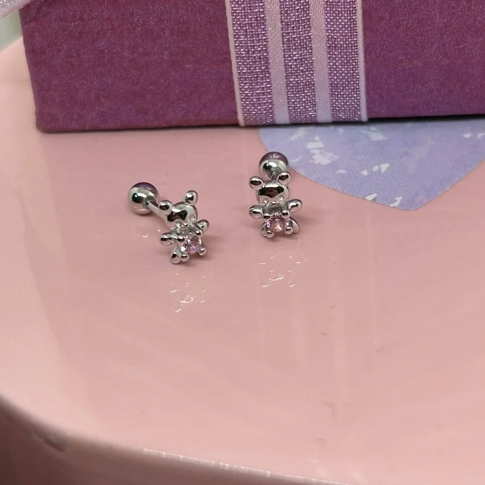 Tiny baby Silver 925  and Pink Teddy Bear Earrings